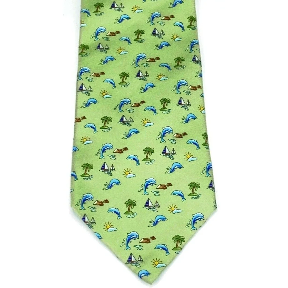 Jos. A. Bank Tie Dolphins Beach Palms Sailboats Green Hand-sewn All Silk Necktie